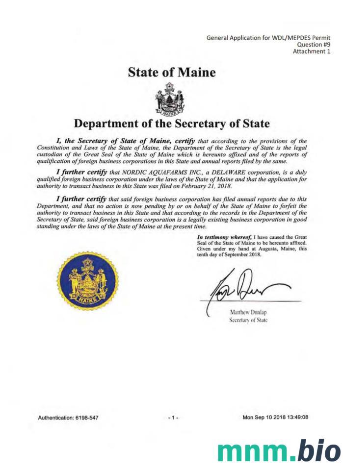 Certyfikat dobrej kondykacji USA Maine